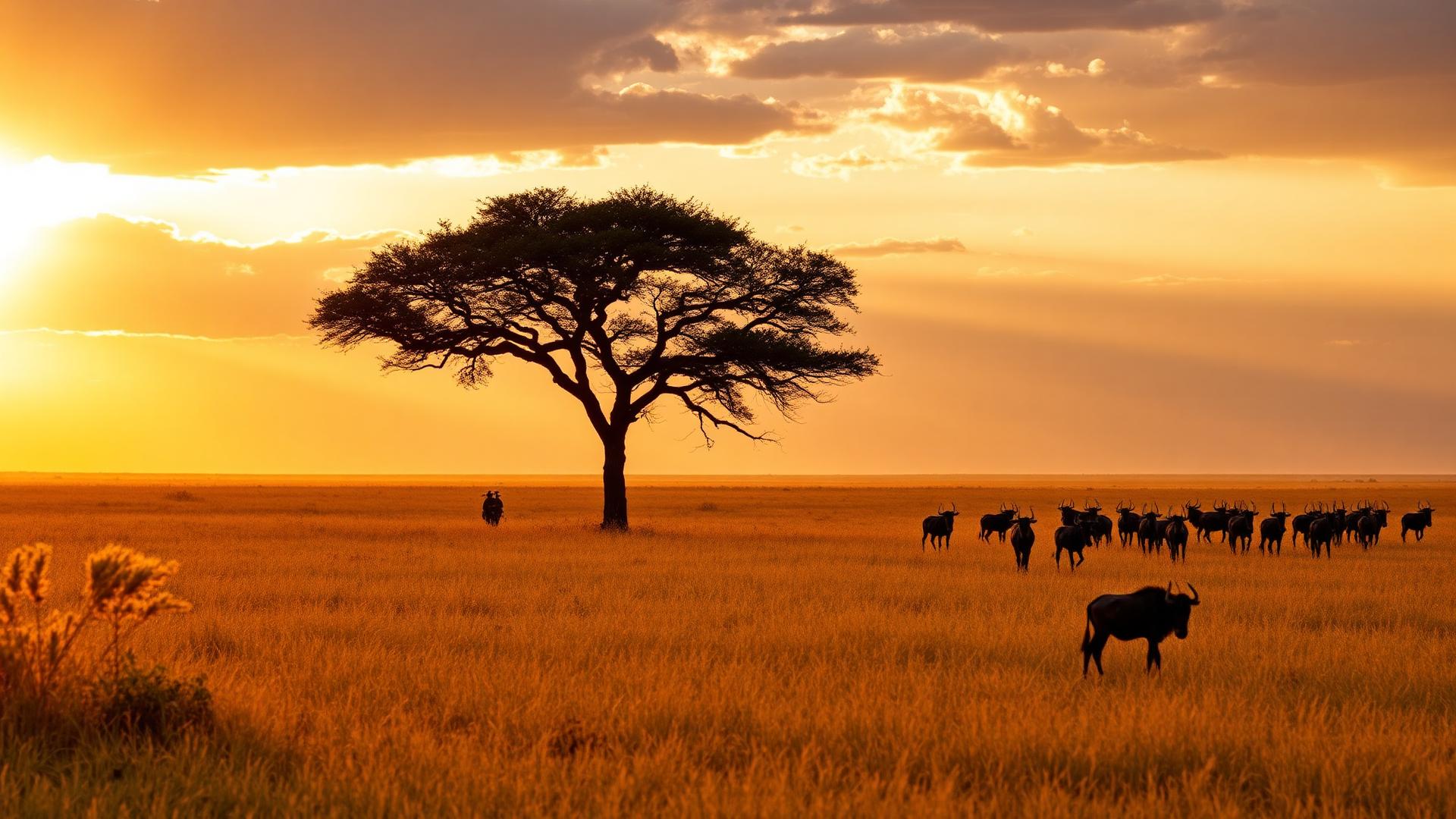 Wildebeest herd and a lone acacia tree on the Maasai Mara savanna at golden hour