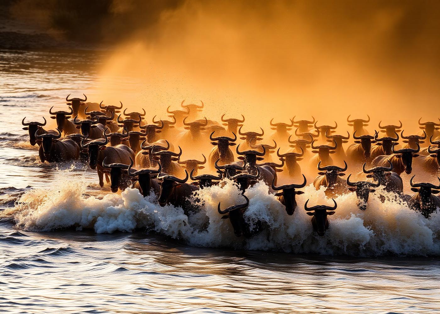 Wildebeest crossing the Mara River in a cloud of golden dust